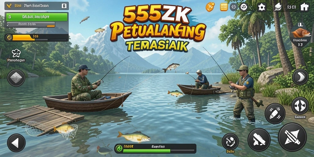 Tampilan gameplay <strong>555ZK</strong> yang mendebarkan dengan pemancingan di laut.