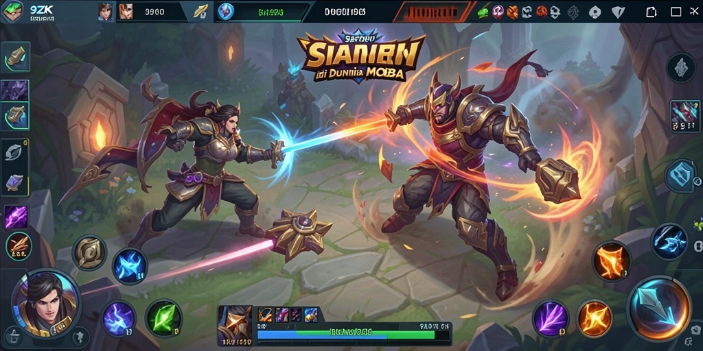Tampilan gameplay seru dalam pertarungan MOBA 9ZK.