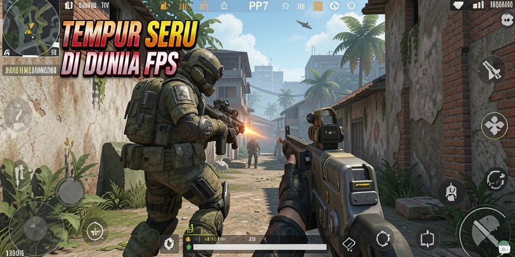 Screenshot gameplay PP7 menampilkan pertempuran intens antara tim di peta yang indah.